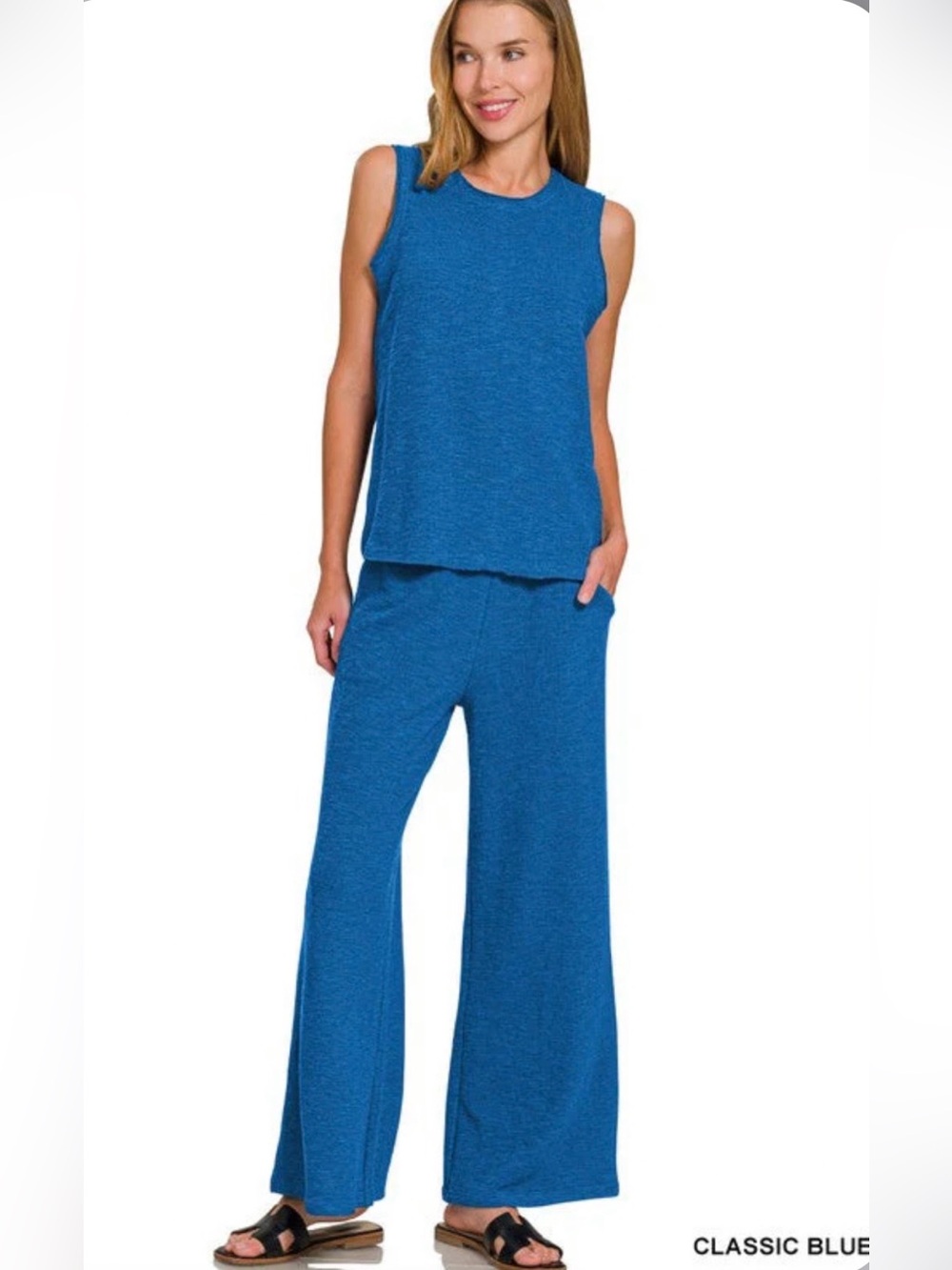 Zenana Outfitters Woman’s Blue Knit Pants Set Deep Blue NWOT